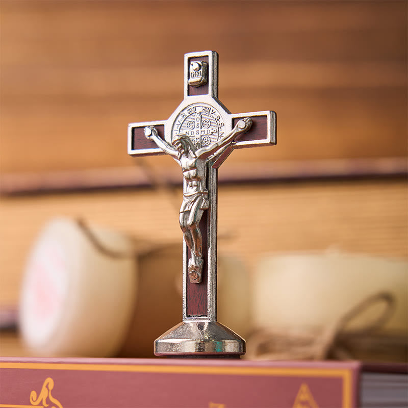 Christianartworkshop European Classical Traditional Wood Inlaid Alloy St. Benedict Cross Ornament - Silver - image 4