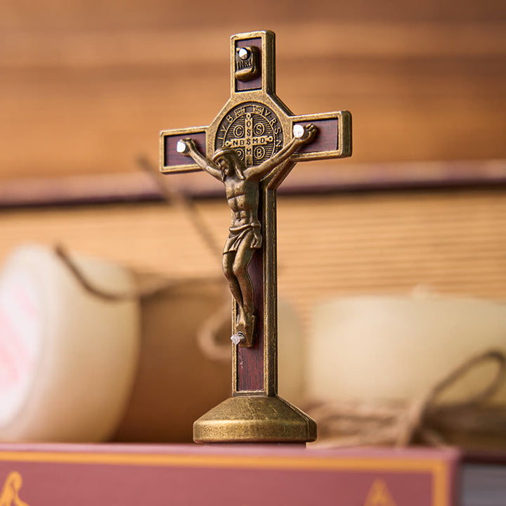 Christianartworkshop European Classical Traditional Wood Inlaid Alloy St. Benedict Cross Ornament - Bronze - image 1