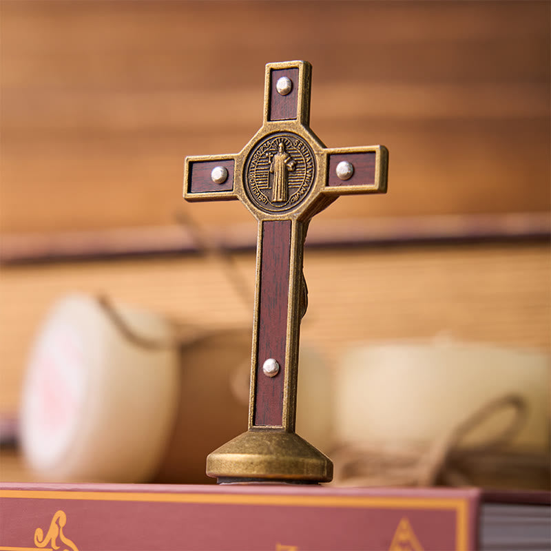 Christianartworkshop European Classical Traditional Wood Inlaid Alloy St. Benedict Cross Ornament - image 6