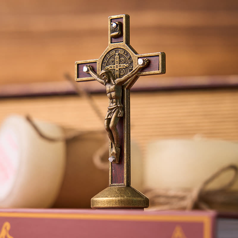 Christianartworkshop European Classical Traditional Wood Inlaid Alloy St. Benedict Cross Ornament - Bronze - image 0