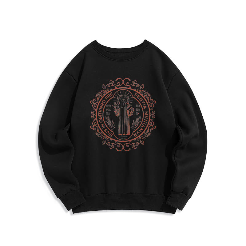 Christianartworkshop Classic Style Floral St. Benedict Embelm Fleece Lined Polyester Sweatshirt - Black - 2XL - image 1