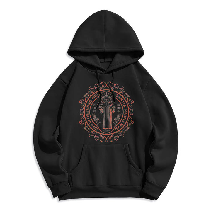 Christianartworkshop Classic Style Floral St. Benedict Embelm Fleece Lined Polyester Hoodie - Black - 2XL - image 0