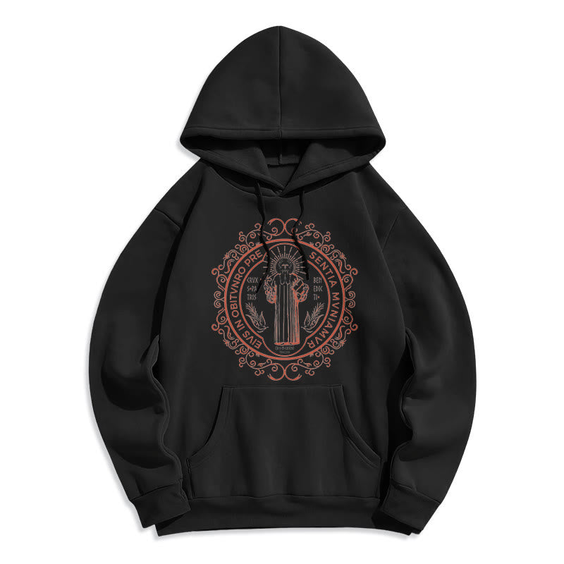 Christianartworkshop Classic Style Floral St. Benedict Embelm Fleece Lined Polyester Hoodie - Black - 2XL - image 1