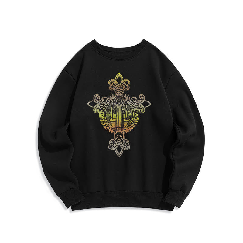 Christianartworkshop Colored Style St. Benedict Emblem Scrollwork Fleece Lined Polyester Sweatshirt - Black - 2XL - image 1