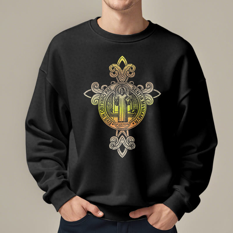 Christianartworkshop Colored Style St. Benedict Emblem Scrollwork Fleece Lined Polyester Sweatshirt - image 2