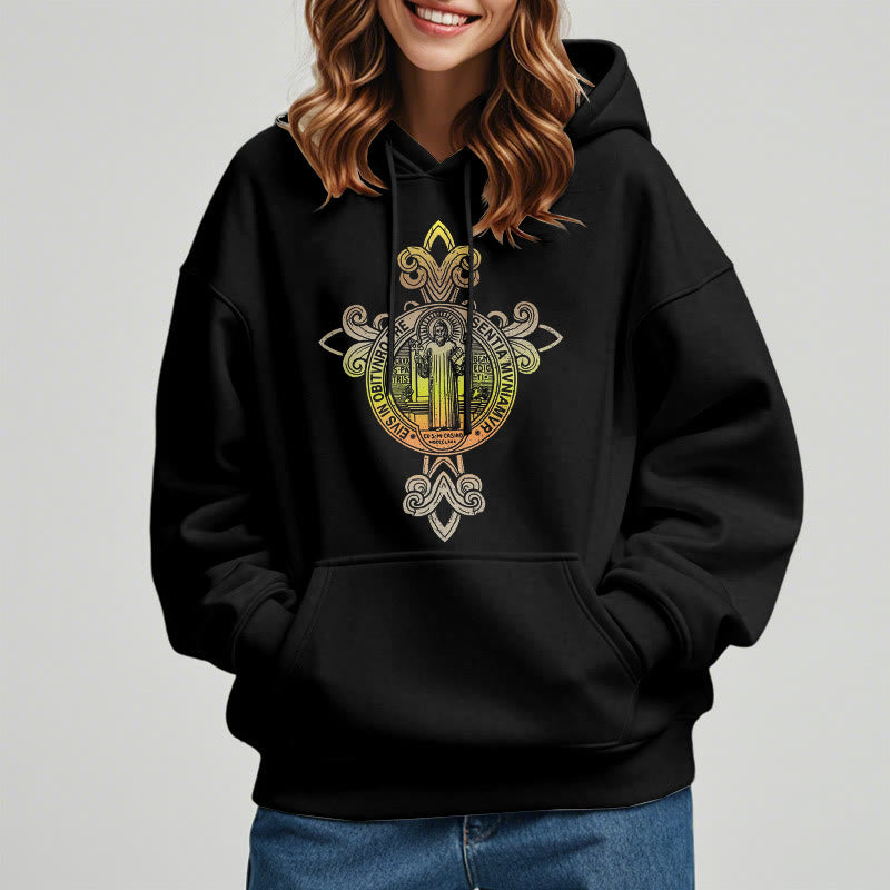Christianartworkshop Colored Style St. Benedict Emblem Scrollwork Fleece Lined Polyester Hoodie - image 2