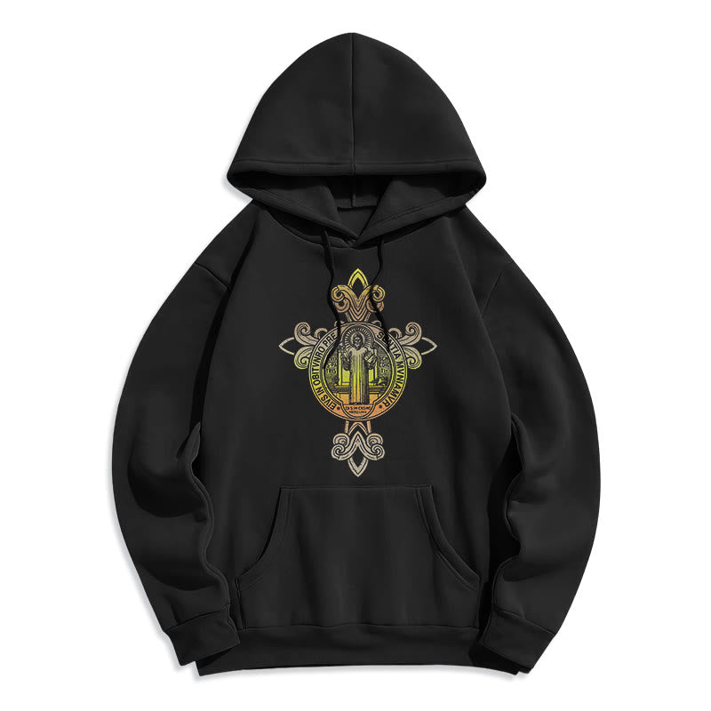 Christianartworkshop Colored Style St. Benedict Emblem Scrollwork Fleece Lined Polyester Hoodie - Black - 2XL - image 1