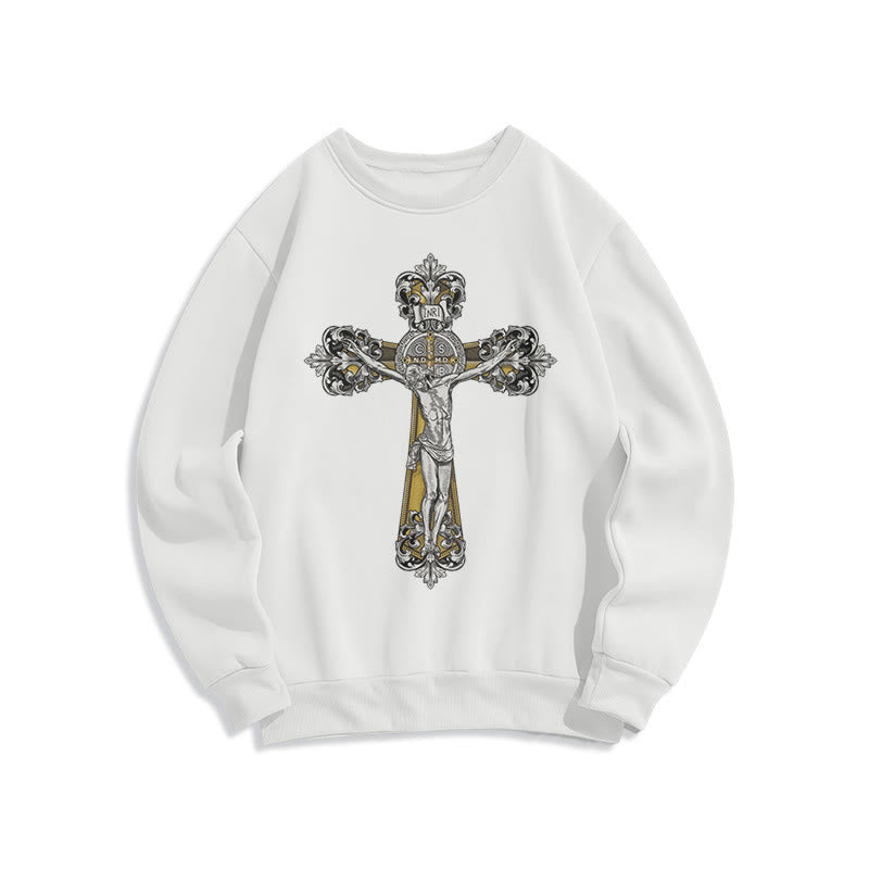 Christianartworkshop Classic Style St. Benedict Cruxifix Faith Fleece Lined Polyester Sweatshirt - White - 2XL - image 6