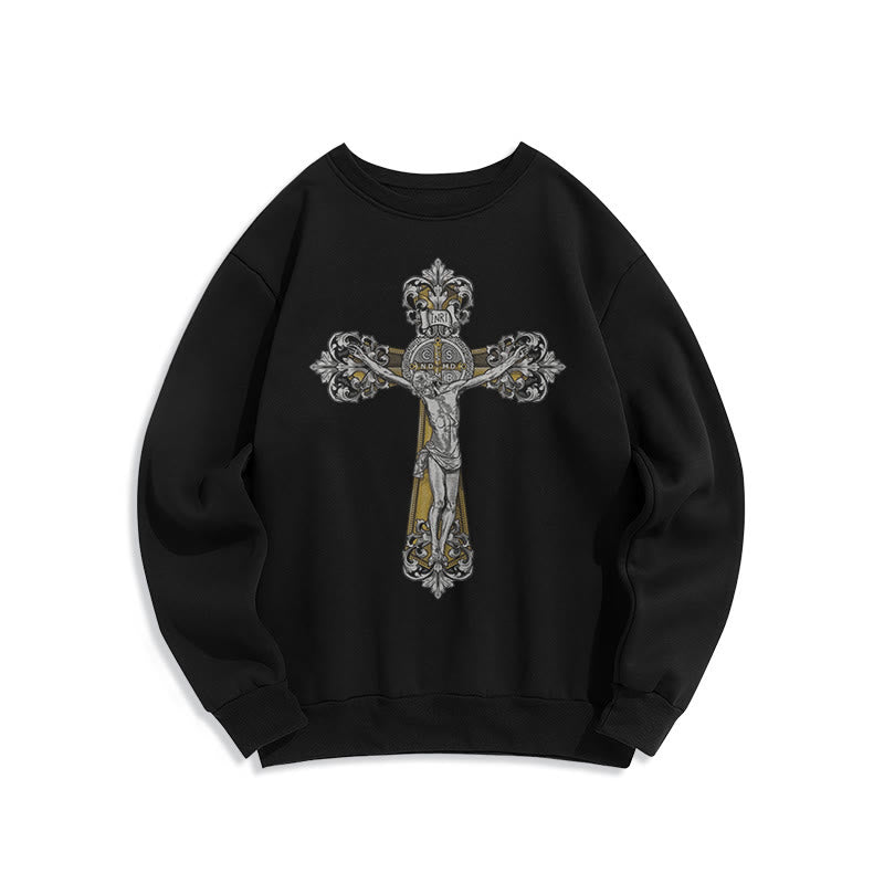 Christianartworkshop Classic Style St. Benedict Cruxifix Faith Fleece Lined Polyester Sweatshirt - Black - 2XL - image 1