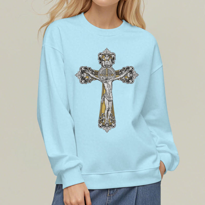 Christianartworkshop Classic Style St. Benedict Cruxifix Faith Fleece Lined Polyester Sweatshirt - image 28