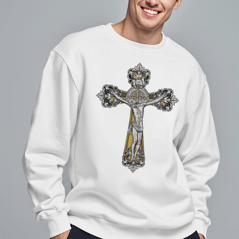 Christianartworkshop Classic Style St. Benedict Cruxifix Faith Fleece Lined Polyester Sweatshirt - image 8