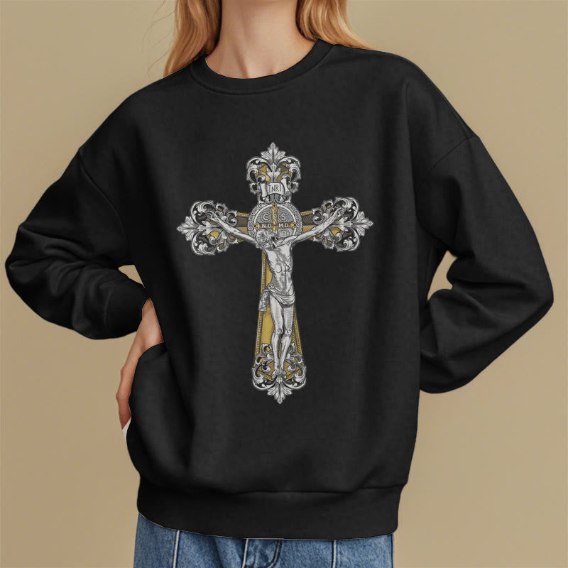 Christianartworkshop Classic Style St. Benedict Cruxifix Faith Fleece Lined Polyester Sweatshirt - image 2