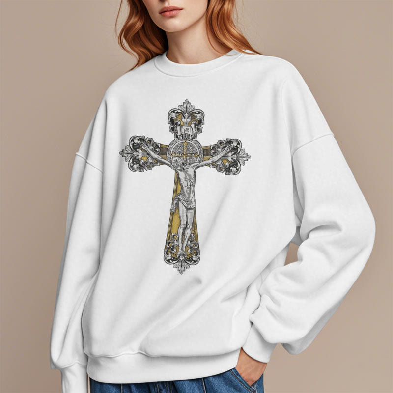 Christianartworkshop Classic Style St. Benedict Cruxifix Faith Fleece Lined Polyester Sweatshirt - image 8