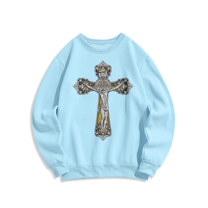 Christianartworkshop Classic Style St. Benedict Cruxifix Faith Fleece Lined Polyester Sweatshirt - Blue - 2XL - image 26