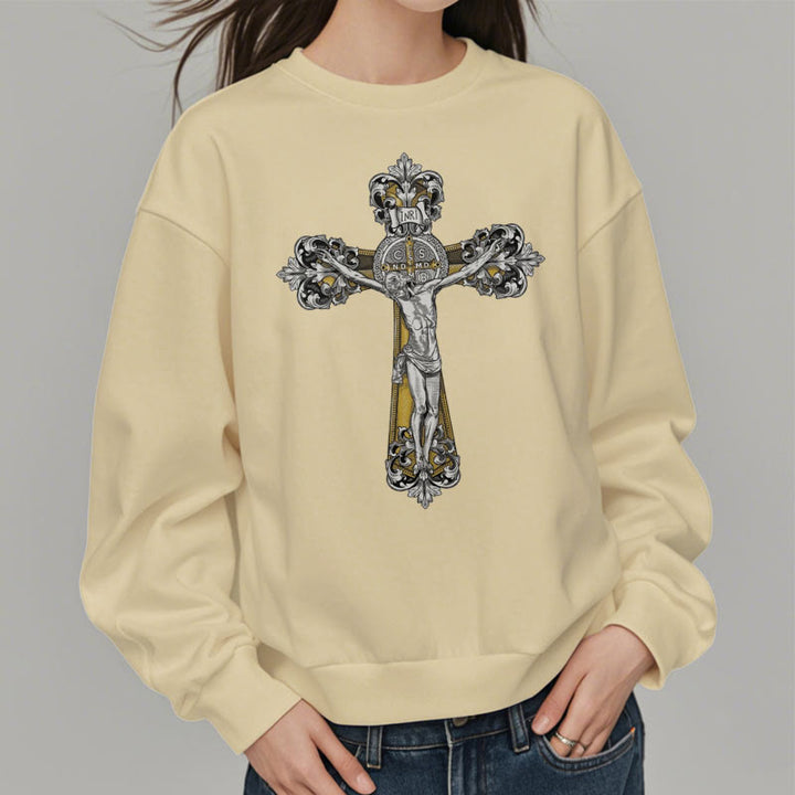 Christianartworkshop Classic Style St. Benedict Cruxifix Faith Fleece Lined Polyester Sweatshirt - image 14