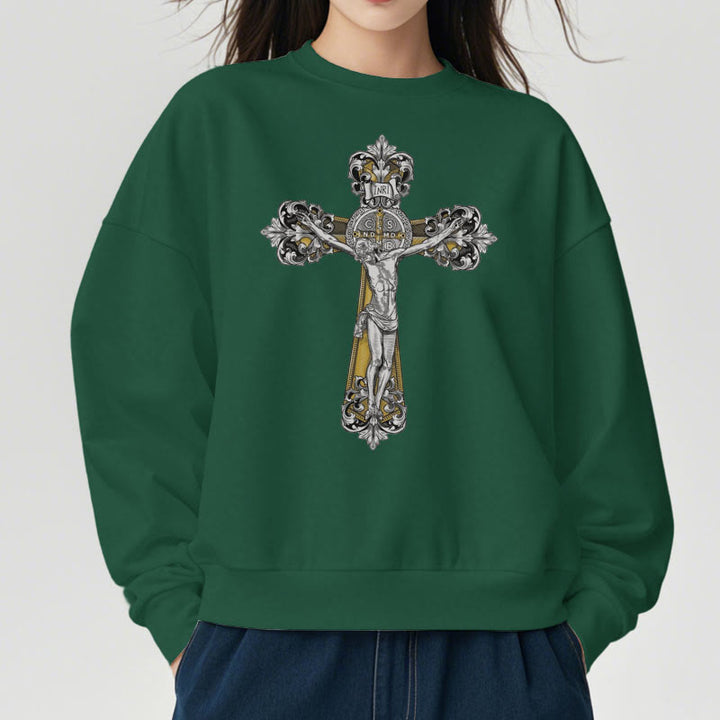 Christianartworkshop Classic Style St. Benedict Cruxifix Faith Fleece Lined Polyester Sweatshirt - image 24
