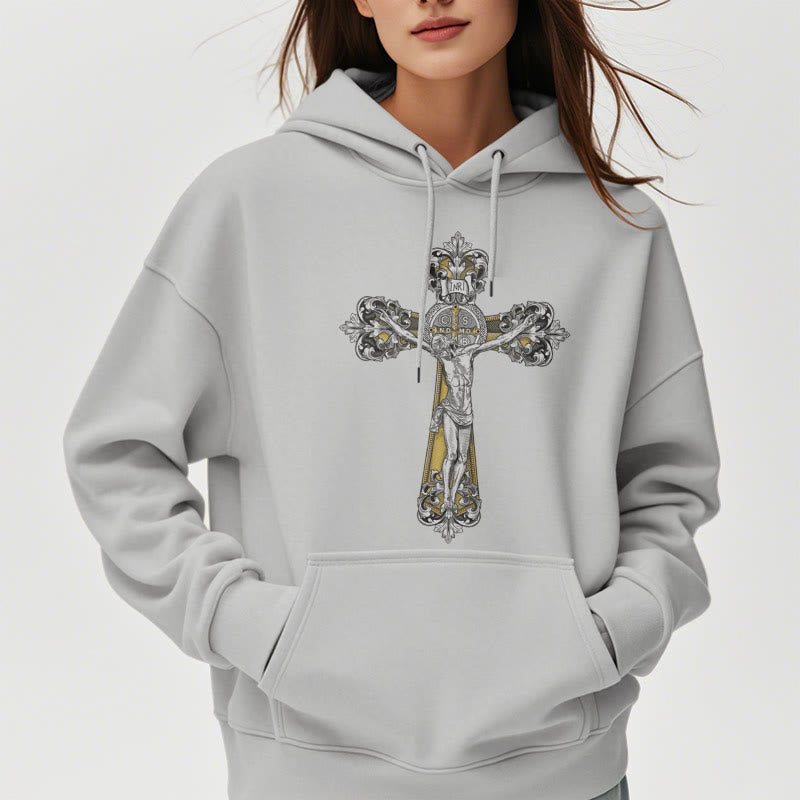 Christianartworkshop Classic Style St. Benedict Cruxifix Faith Fleece Lined Polyester Hoodie - image 33