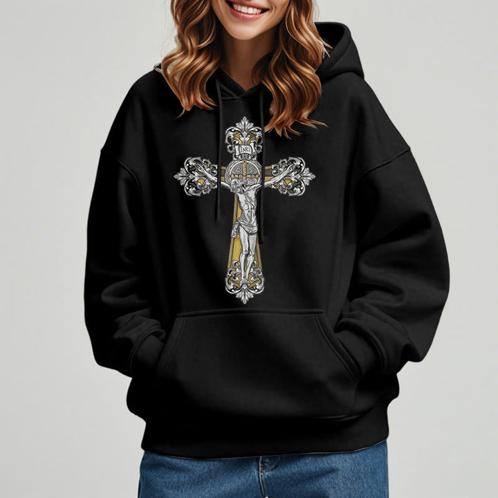 Christianartworkshop Classic Style St. Benedict Cruxifix Faith Fleece Lined Polyester Hoodie - image 2