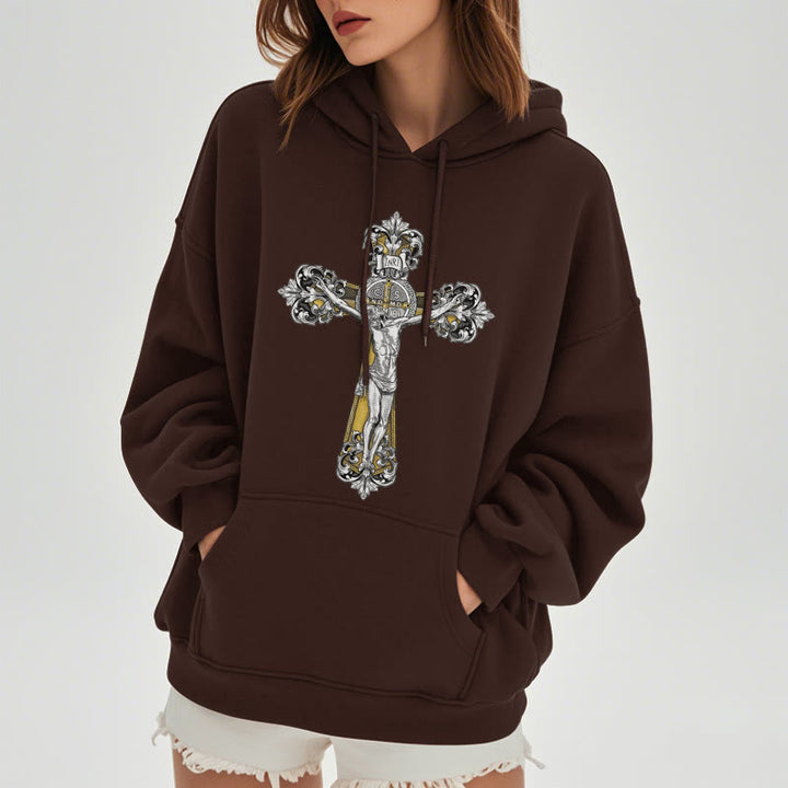 Christianartworkshop Classic Style St. Benedict Cruxifix Faith Fleece Lined Polyester Hoodie - image 19