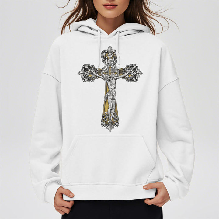 Christianartworkshop Classic Style St. Benedict Cruxifix Faith Fleece Lined Polyester Hoodie - image 8