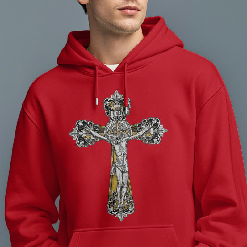 Christianartworkshop Classic Style St. Benedict Cruxifix Faith Fleece Lined Polyester Hoodie - image 38