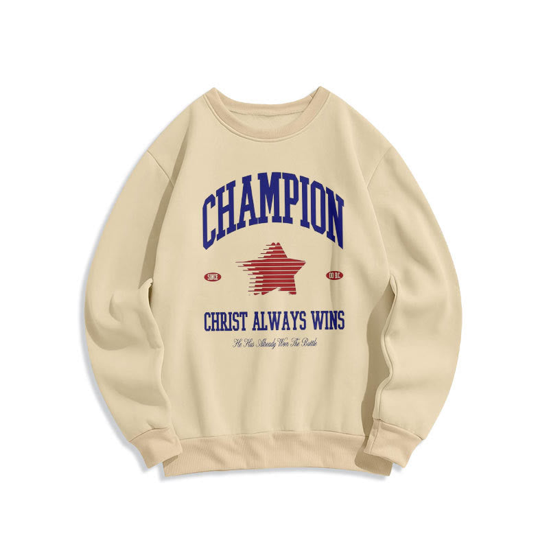 Christianartworkshop Modern Style Champion Christ Always Wins Fleece Lined Polyester Sweatshirt - Beige - 2XL - image 1