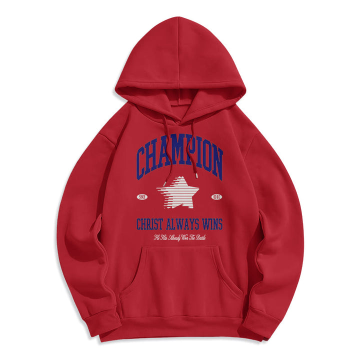 Christianartworkshop Modern Style Champion Christ Always Wins Fleece Lined Polyester Hoodie - Red - 2XL - image 1