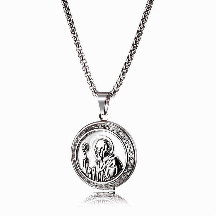 Christianartworkshop Classic Style St. Benedict Engraved Two Sided Locket Pendant Necklace - Silver - image 5