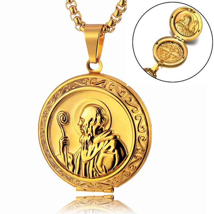 Christianartworkshop Classic Style St. Benedict Engraved Two Sided Locket Pendant Necklace - image 4