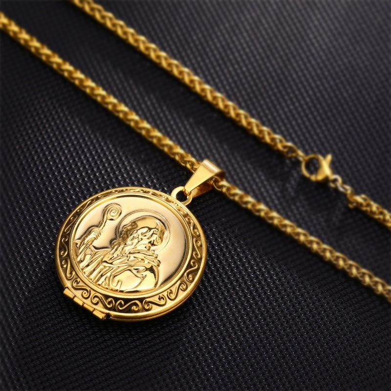 Christianartworkshop Classic Style St. Benedict Engraved Two Sided Locket Pendant Necklace - Gold - image 2