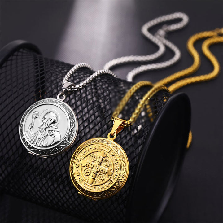 Christianartworkshop Classic Style St. Benedict Engraved Two Sided Locket Pendant Necklace - image 1
