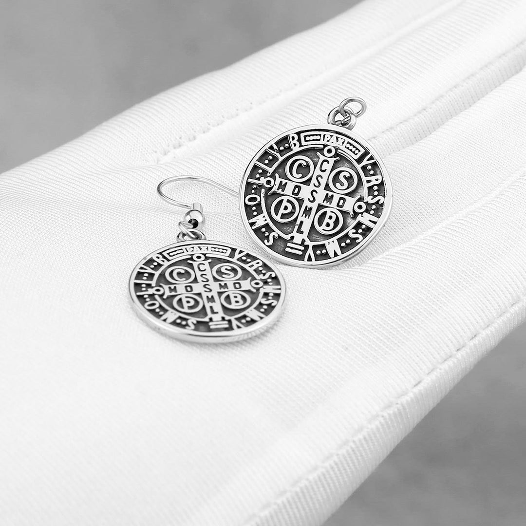 Christianartworkshop Classic Style St. Benedict Engraved Emblem Divine Protection Earrings - image 3