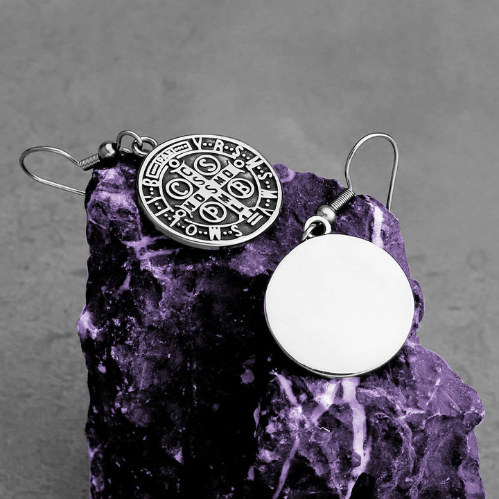 Christianartworkshop Classic Style St. Benedict Engraved Emblem Divine Protection Earrings - image 1