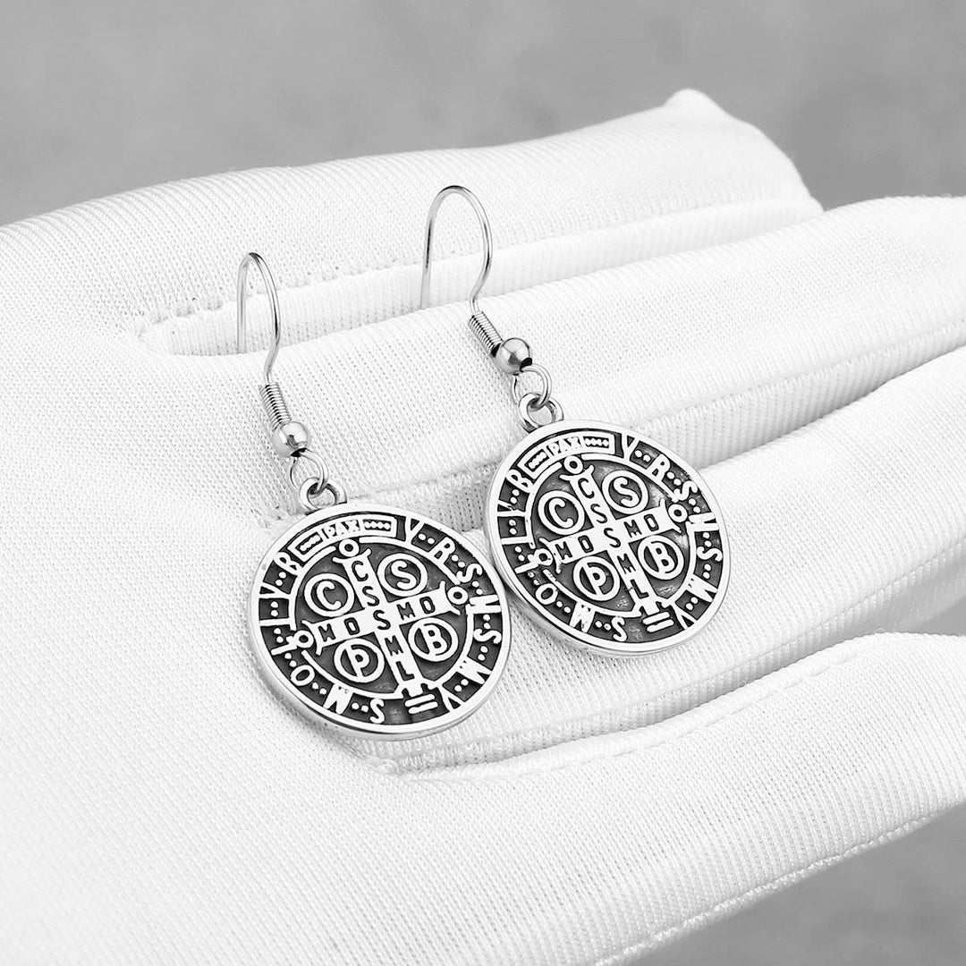 Christianartworkshop Classic Style St. Benedict Engraved Emblem Divine Protection Earrings - image 2
