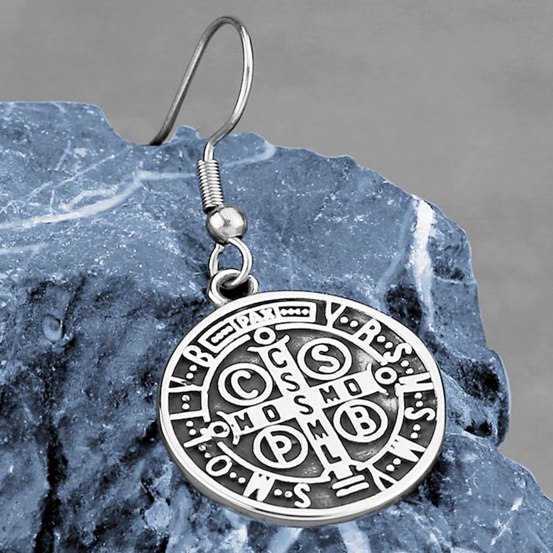 Christianartworkshop Classic Style St. Benedict Engraved Emblem Divine Protection Earrings - St. Benedict - image 1