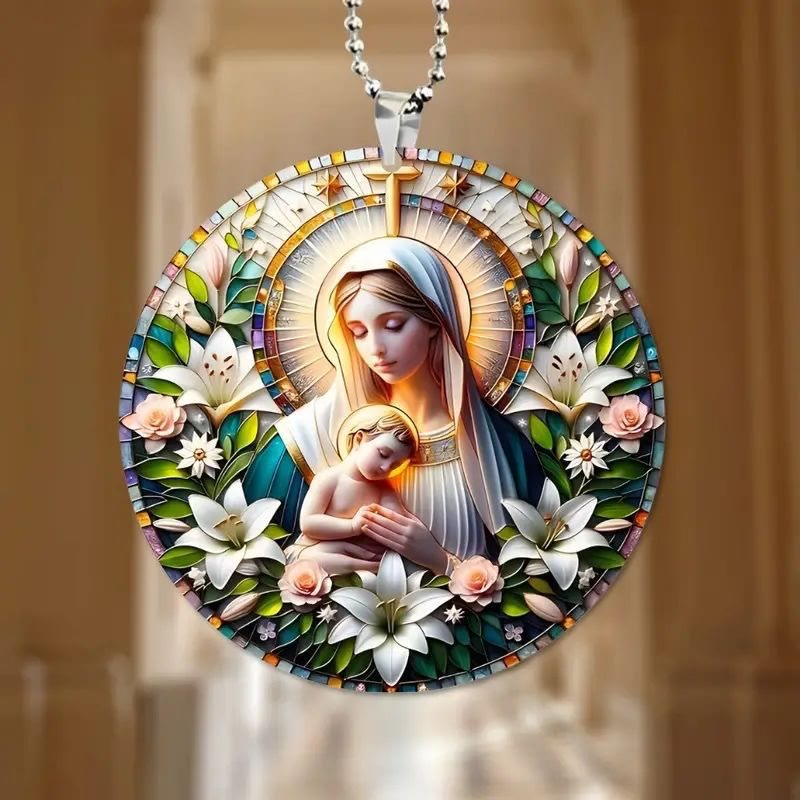 Christianartworkshop Realistic Style Virgin Mary Floral Wreath Star Christmas Hanging Ornaments - Virgin Mary - image 1