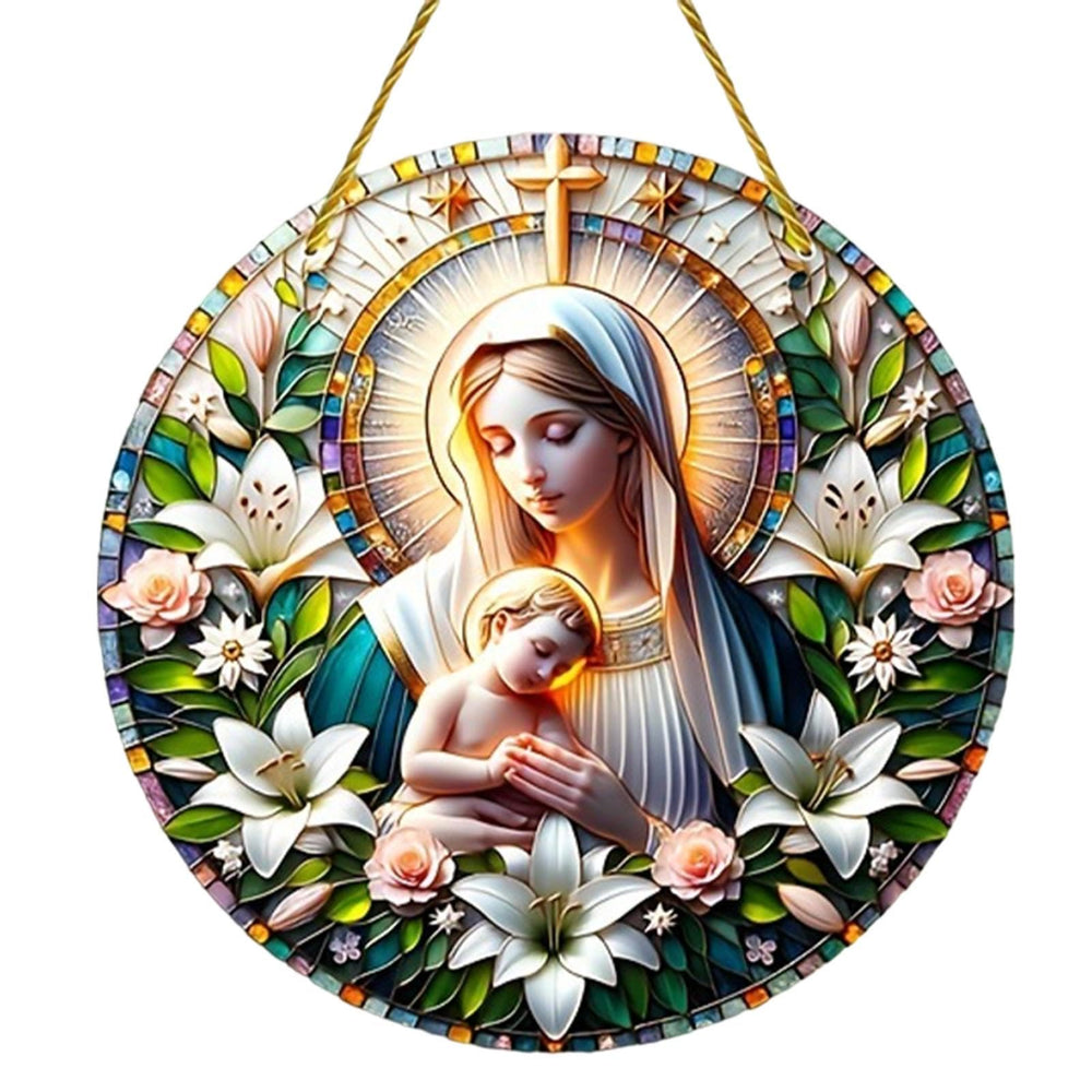 Christianartworkshop Realistic Style Virgin Mary Floral Wreath Star Christmas Hanging Ornaments - image 2