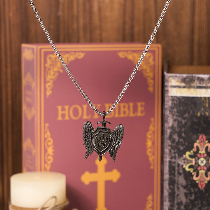 Christianartworkshop Guardian Angel Quis Ut Deus Collection Shield of Faith Necklace - Square Pearl Chain - image 3