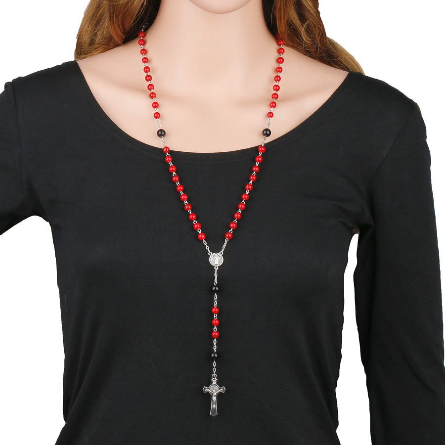 Christianartworkshop St. Benedict Medal & Crucifix of 6mm Round Red Turquoise Alloy Chain Rosary - image 5