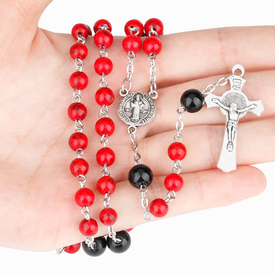 Christianartworkshop St. Benedict Medal & Crucifix of 6mm Round Red Turquoise Alloy Chain Rosary - image 2