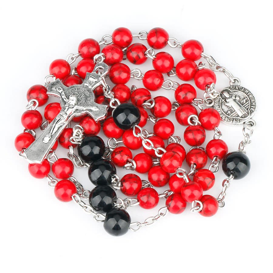 Christianartworkshop St. Benedict Medal & Crucifix of 6mm Round Red Turquoise Alloy Chain Rosary - Red - image 1