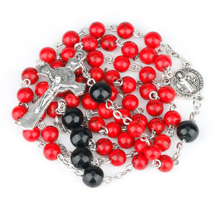 Christianartworkshop St. Benedict Medal & Crucifix of 6mm Round Red Turquoise Alloy Chain Rosary - Red - image 1