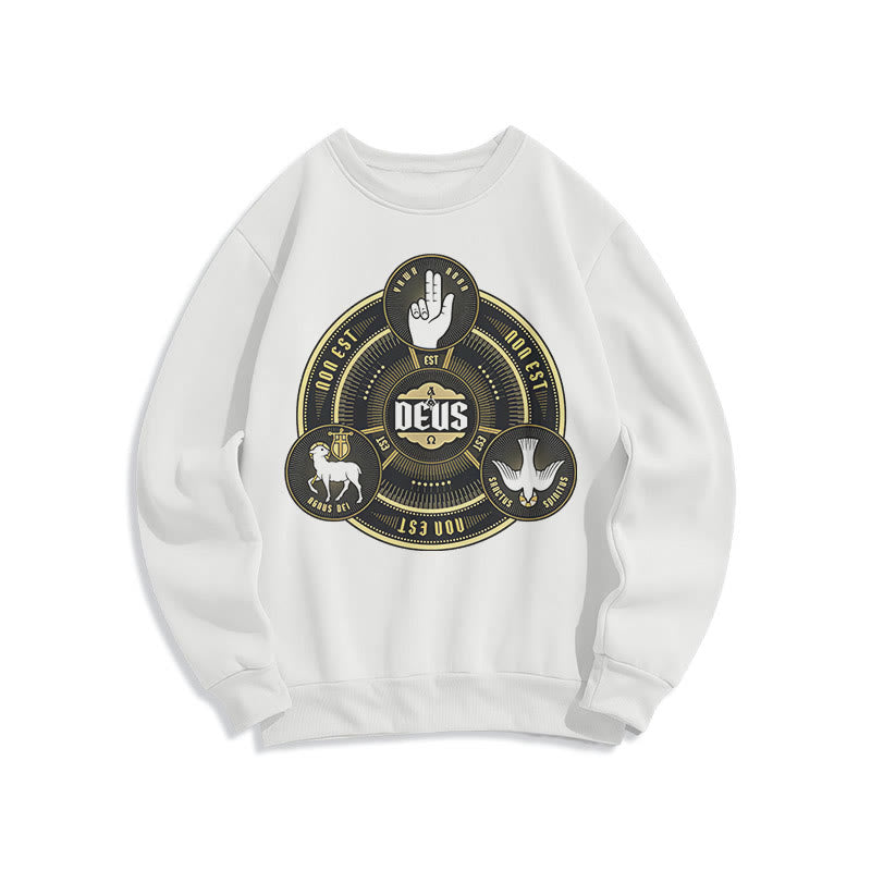 Christianartworkshop Classic Style Holy Trinity Deus Emblem Fleece Lined Polyester Sweatshirt - White - 2XL - image 1