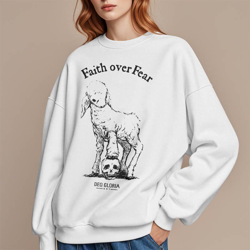 Christianartworkshop Quotation Style Faith Over Fear Lamb Fleece Lined Polyester Sweatshirt - image 2