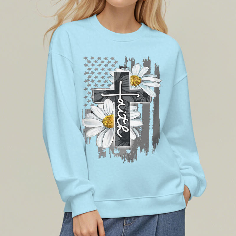 Christianartworkshop Modern Style Faith Cross and Daisies Fleece Lined Polyester Sweatshirt - image 3