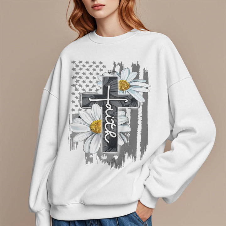 Christianartworkshop Modern Style Faith Cross and Daisies Fleece Lined Polyester Sweatshirt - image 13