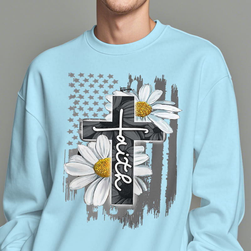 Christianartworkshop Modern Style Faith Cross and Daisies Fleece Lined Polyester Sweatshirt - image 1