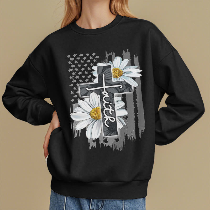 Christianartworkshop Modern Style Faith Cross and Daisies Fleece Lined Polyester Sweatshirt - image 8