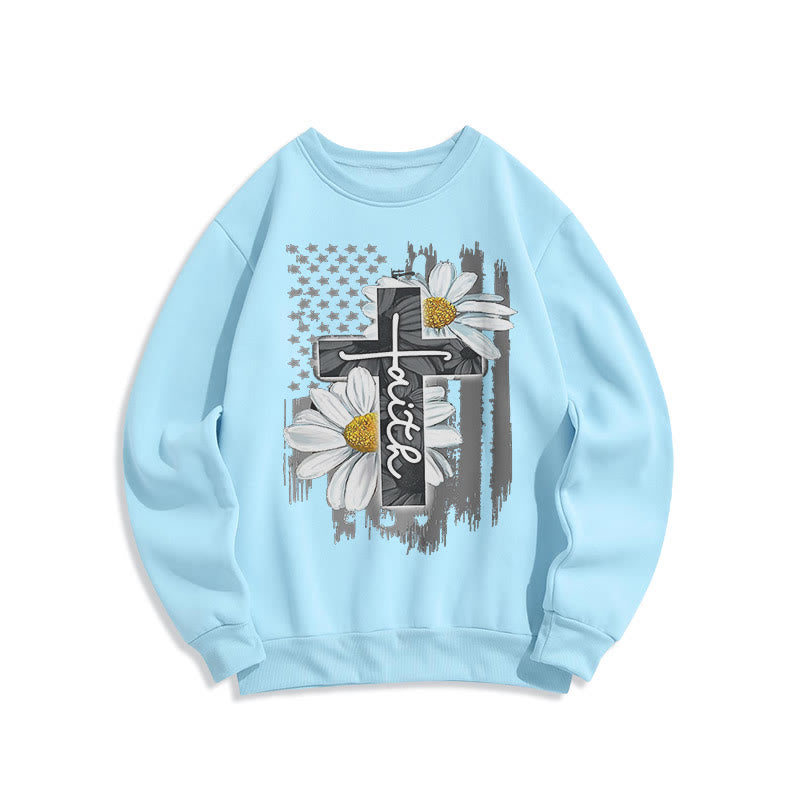 Christianartworkshop Modern Style Faith Cross and Daisies Fleece Lined Polyester Sweatshirt - Blue - 2XL - image 1