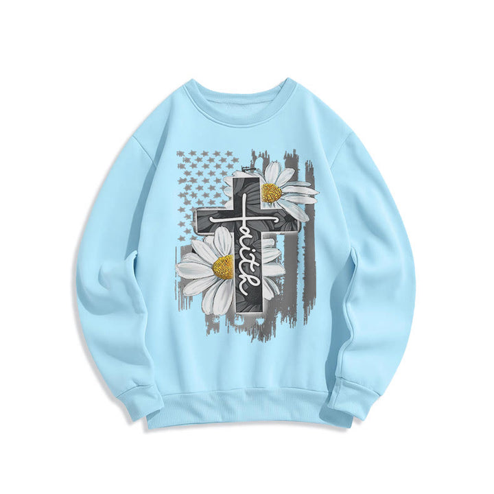 Christianartworkshop Modern Style Faith Cross and Daisies Fleece Lined Polyester Sweatshirt - Blue - 2XL - image 1